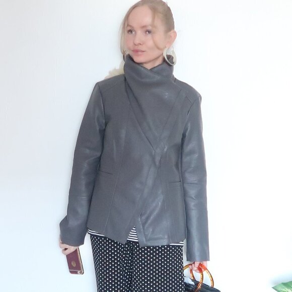 Alfani Gray Vegan Leather Jacket With Big Sherpa Collar - Picture 2 of 14